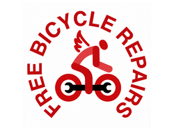 Stick figure of an angel on a bike with a wrench as part of the bike frame surrounded by the words Free Bicycle Repairs