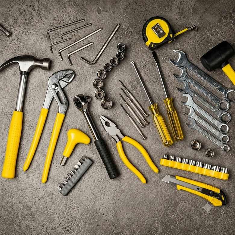 Assorted yellow-handled hand tools are neatly arranged on a gray workbench surface.
